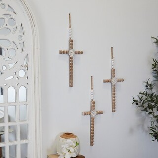 Light Brown Wood Carved Beaded Crosses Biblical Wall Decor with Rope ...