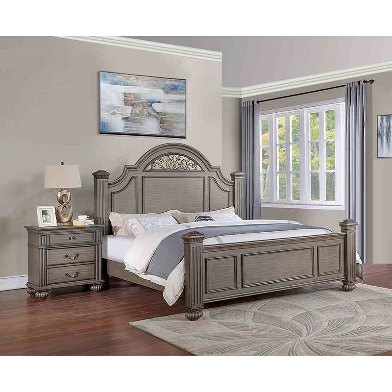 Traditional Gray Finish 3pc Floral Design Bedroom Furniture Set