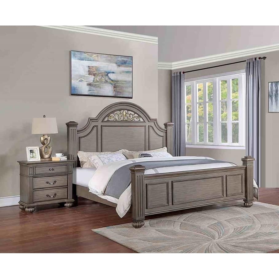 Traditional Gray Finish 3pc Floral Design Bedroom Furniture Set