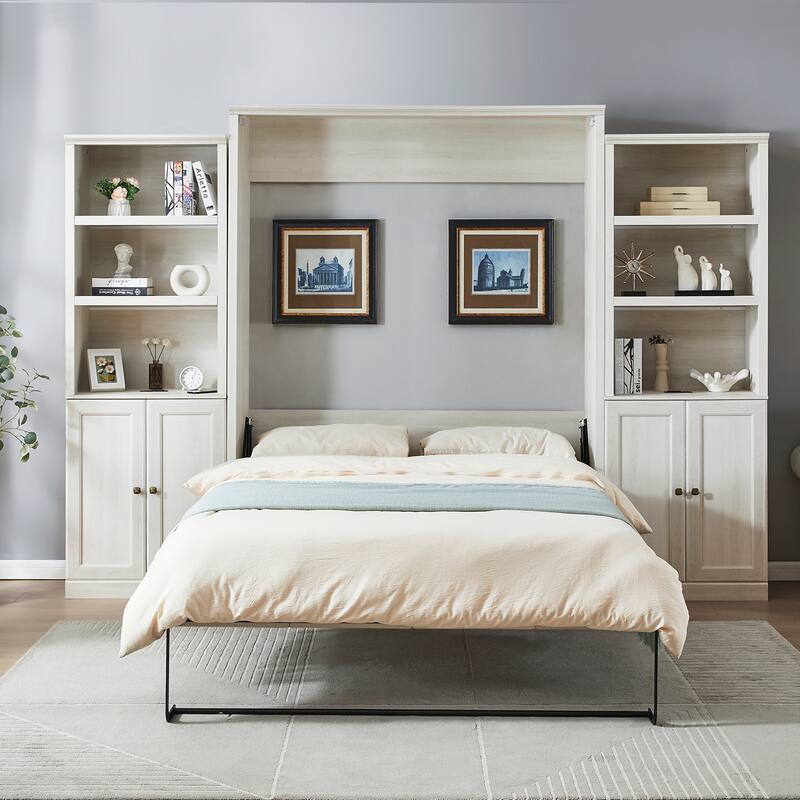 Half Self-Close and Open Murphy Bed with 2 Side Cabinet Storage Shelf