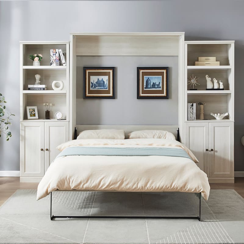 Space-Saving Modern Murphy Bed with Dual Piston Lift - Foldable Platform Bed Convertible Hidden Cabinet Design Cube Cabinet Bed