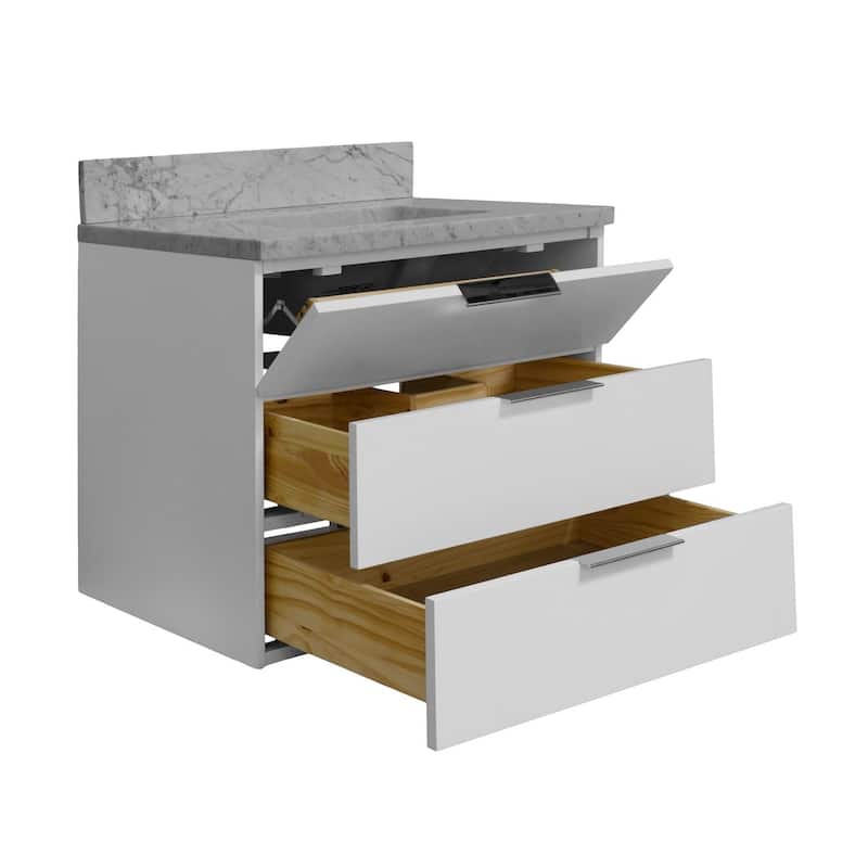 KitchenBathCollection Oslo 30" Floating Wall-Mounted Bathroom Vanity with Carrara Marble Top