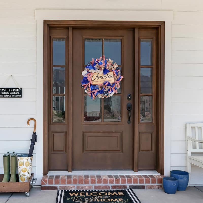 Stars and Stripes "America, God Shed His Grace on Thee" Patriotic Bow Wreath - 18"
