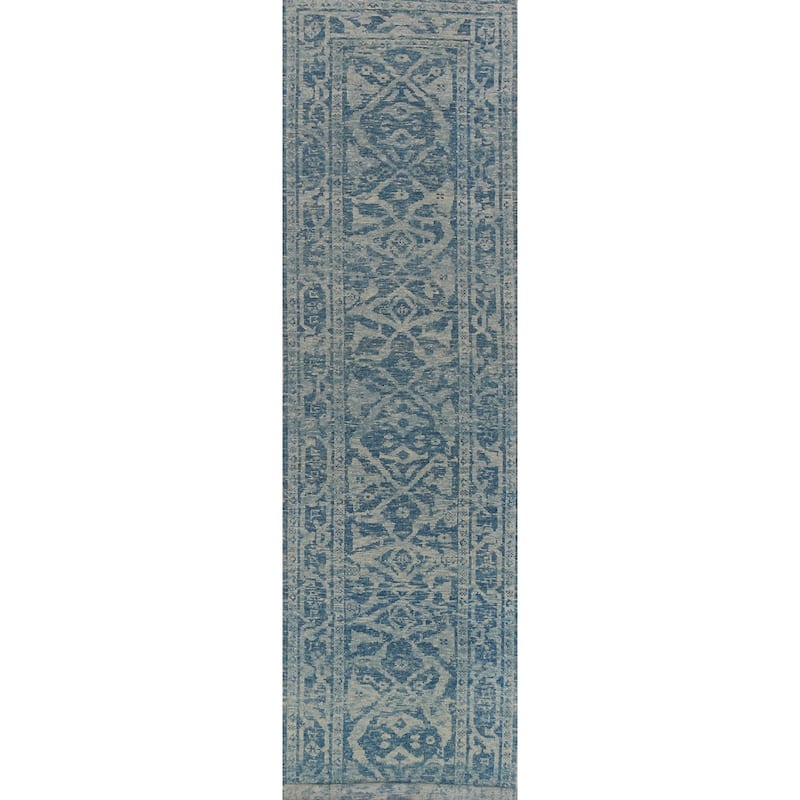 Hand Knotted Oriental 100% Wool Carpet Transitional All-Over Navy Blue & Blues Oushak Runner Rug - 17' 4'' X 3' 2''