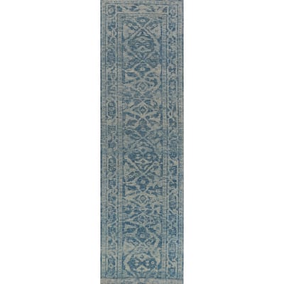 Hand Knotted Oriental 100% Wool Carpet Transitional All-Over Navy Blue & Blues Oushak Runner Rug - 17' 4'' X 3' 2''
