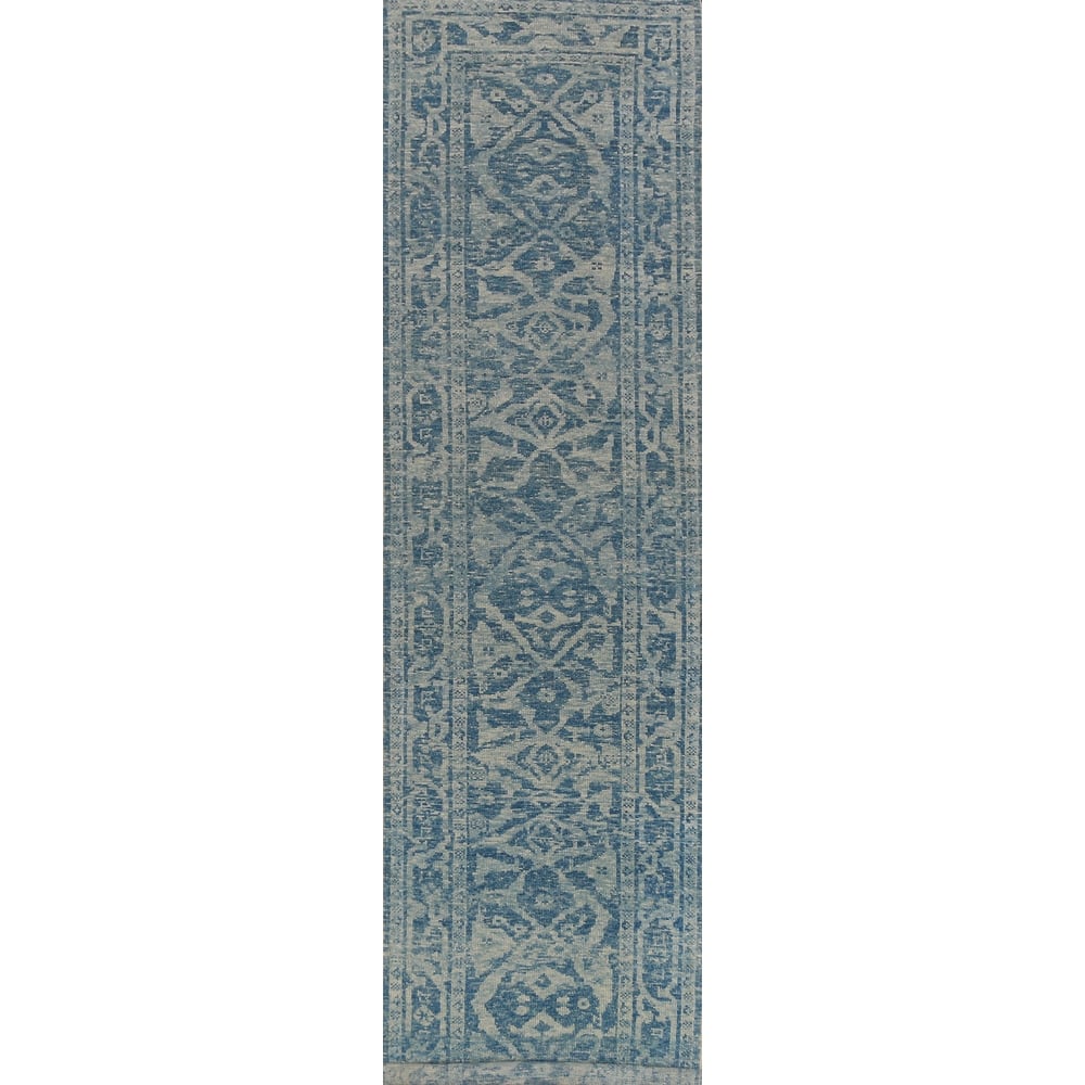 Hand Knotted Oriental 100% Wool Carpet Transitional All-Over Navy Blue & Blues Oushak Runner Rug - 17' 4'' X 3' 2''