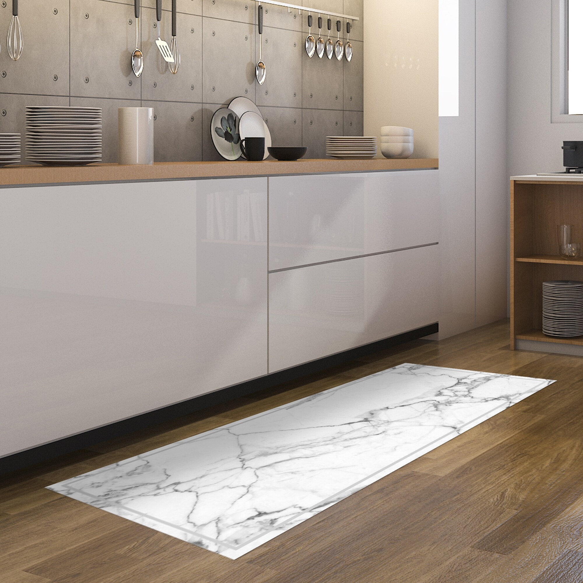 American Art Decor Decorative Vinyl Floor Mat White Marble 2 X 5 Overstock