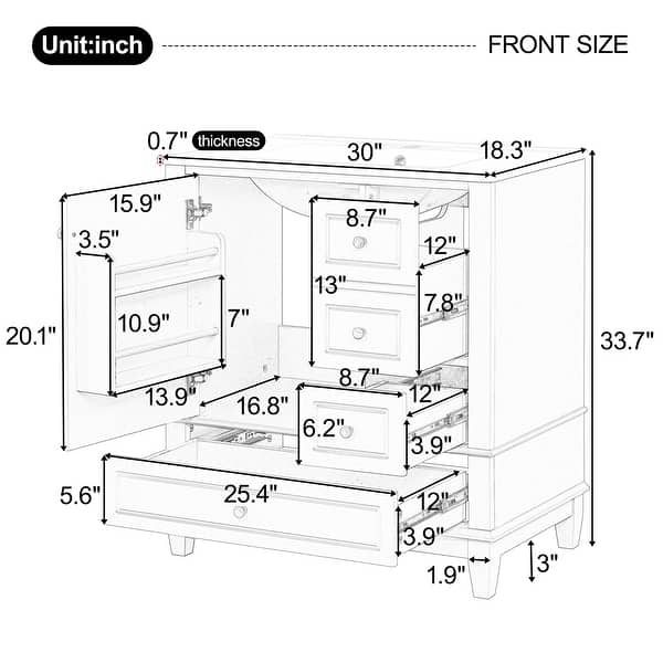 dimension image slide 1 of 3, Christopher Knight Home 30" Stylish and Functional Bathroom Vanity with Sink