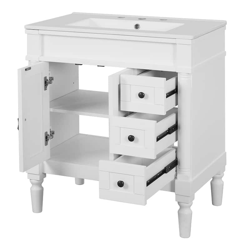 30" Bathroom Vanity with Ceramic Sink Bathroom Storage Cabinet with 3 Drawers and U-Shaped Adjustable Shelf