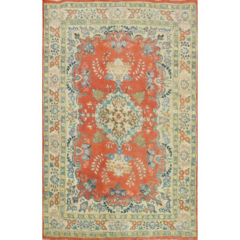 Hand Knotted Oriental 100% Wool Carpet Traditional Floral Oranges & Rust Tabriz Area Rug - 6' 4'' X 4' 6''