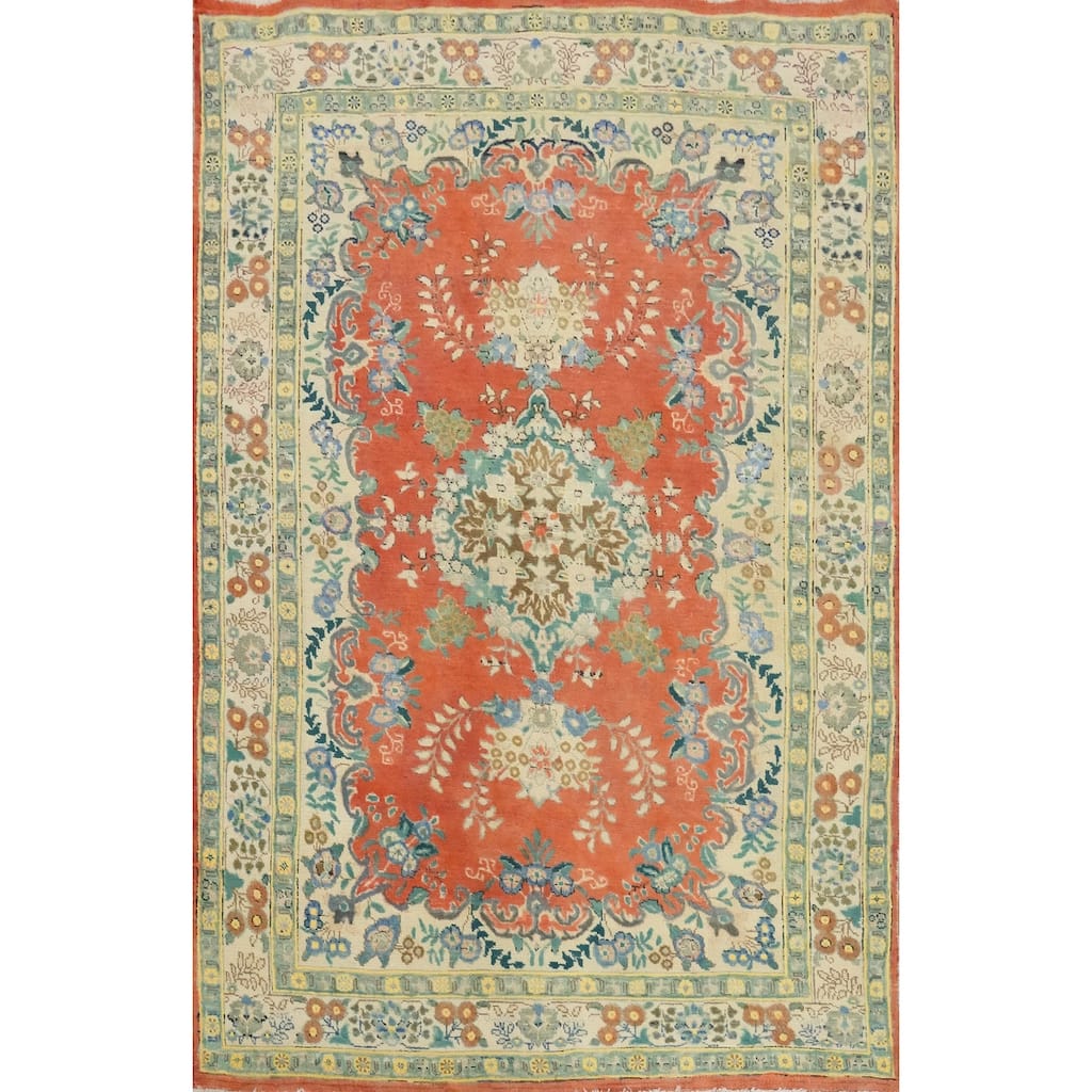 Hand Knotted Oriental 100% Wool Carpet Traditional Floral Oranges & Rust Tabriz Area Rug - 6' 4'' X 4' 6''