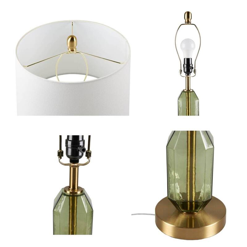 Faceted Glass Table Lamp with White Fabric Shade and Gold Base