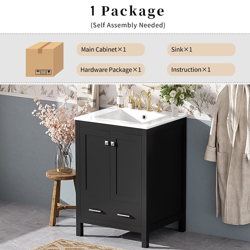 GDFStudio - Aurora Wood & Ceramic Bathroom Vanity Set with Sink and Divided Drawers
