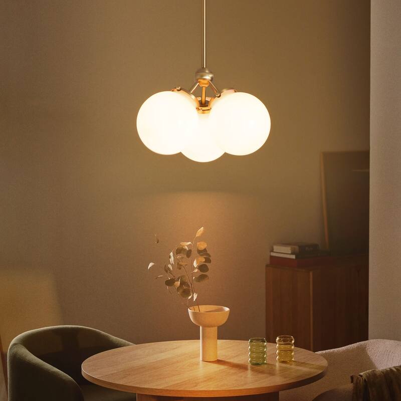 3-Light 14.2" W Mid-Century Modern Brushed Gold Chandelier with Opal Glass Bubble Globe Shades for Living Room, Bedroom