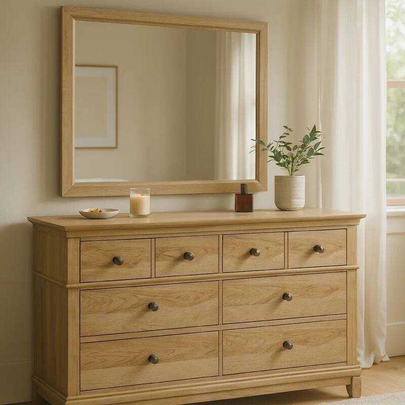 Lexa Wide Dresser, 6 Drawers, Natural Oak Brown Solid Wood, Pewter Metal