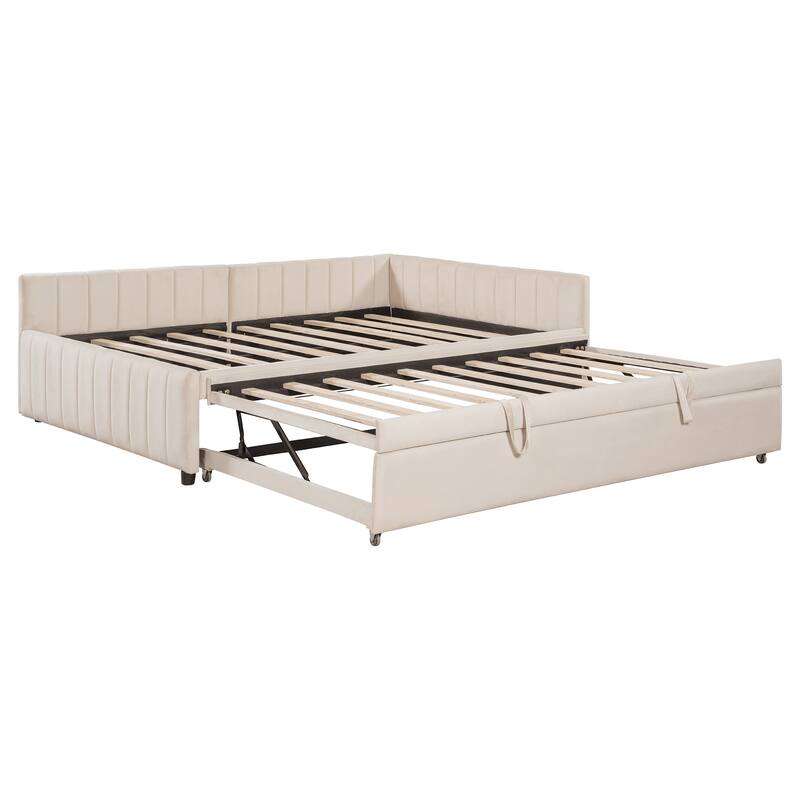 2-in-1 Daybed with Pop Up Trundle Bed, L-Shaped Upholstered Daybed Convertible Platform Bed, Vertical Stripes Frame Sofa Bed