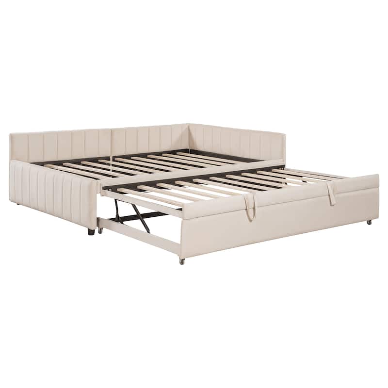 L-Shaped Full-Size Upholstered Daybed with Twin Pop-Up Trundle - Convertible Lounge & Guest Bed Solution‌
