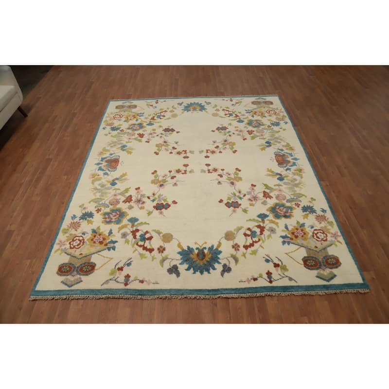 Hand Knotted Oriental 100% Wool Carpet Traditional Floral Beige & Ivories Art Deco Area Rug - 9' 7'' X 7' 10''