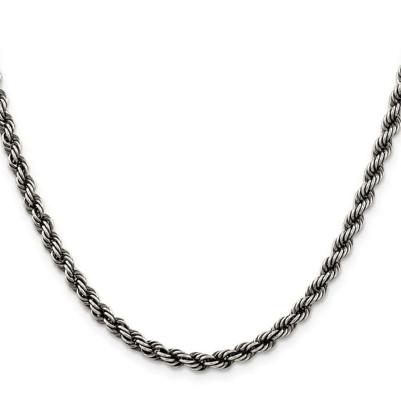 Curata 925 Sterling Silver Twisted Ruthenium plating Fancy Lobster Closure Ruthenium 4mm Rope Chain Necklace
