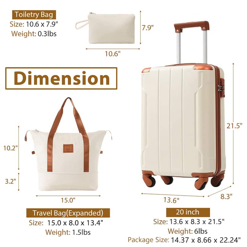 20 Inch Carry On Luggage Set 3 Piece with Spinner Wheels, Lightweight Hardshell ABS Suitcase for Weedend Getaways