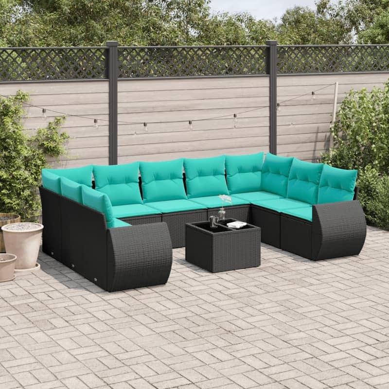 vidaXL 9 Piece Patio Sofa Set with Cushions Grey Poly Rattan - 24.4" x 24.4" x 27.2" - Black and blue With table