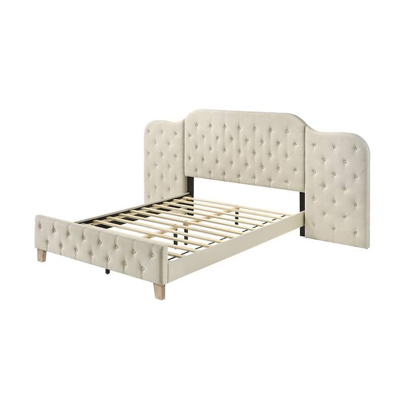 Linen Upholstered Bed with Button Tufted Headboard in Beige - Queen