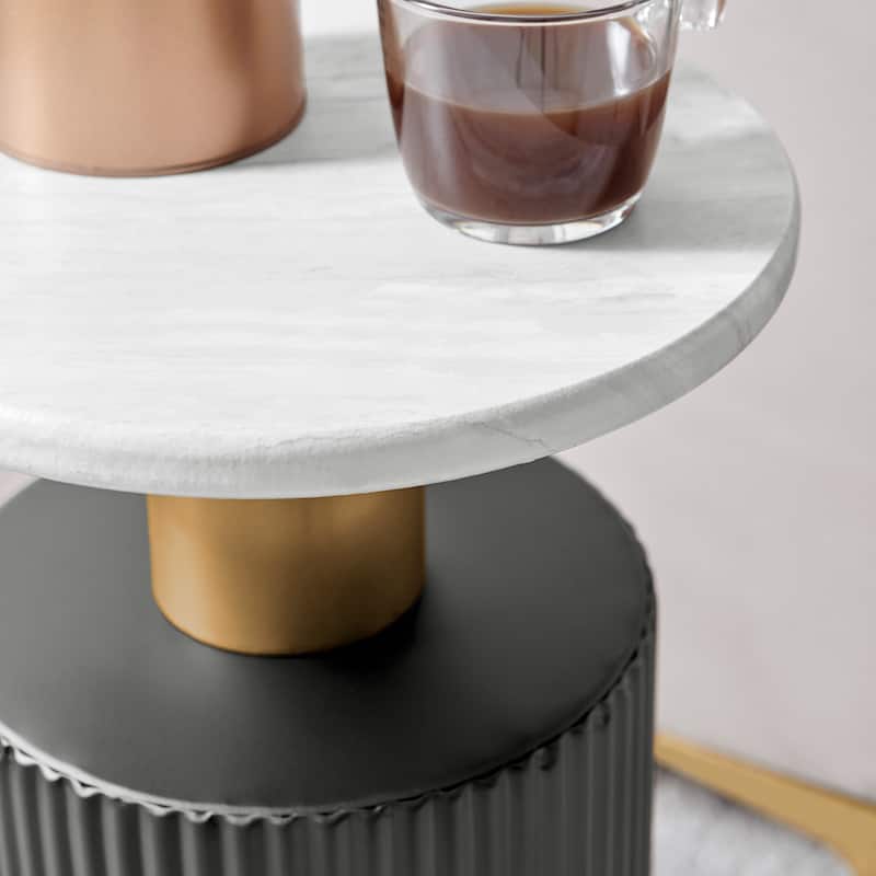 Danya B. Fritz Midcentury Modern Side Accent Table with Black Base Gold Metal Column Accents and Faux Marble Laminate Tabletop