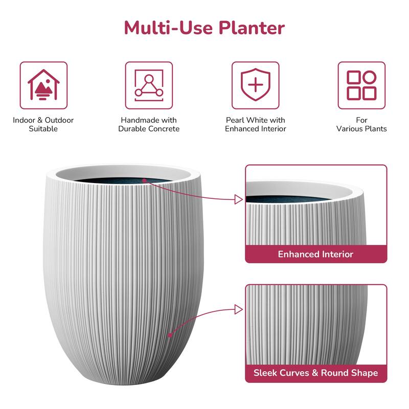 Concrete Round Fluted Planter Pot Barrel-Style with Drainage Holes