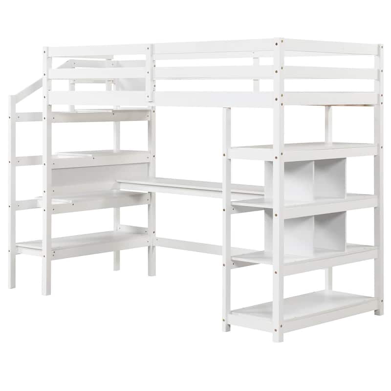 Gymax Twin Size Loft Bed w/ Desk & Storage Stairs Solid Wood Loft Bed