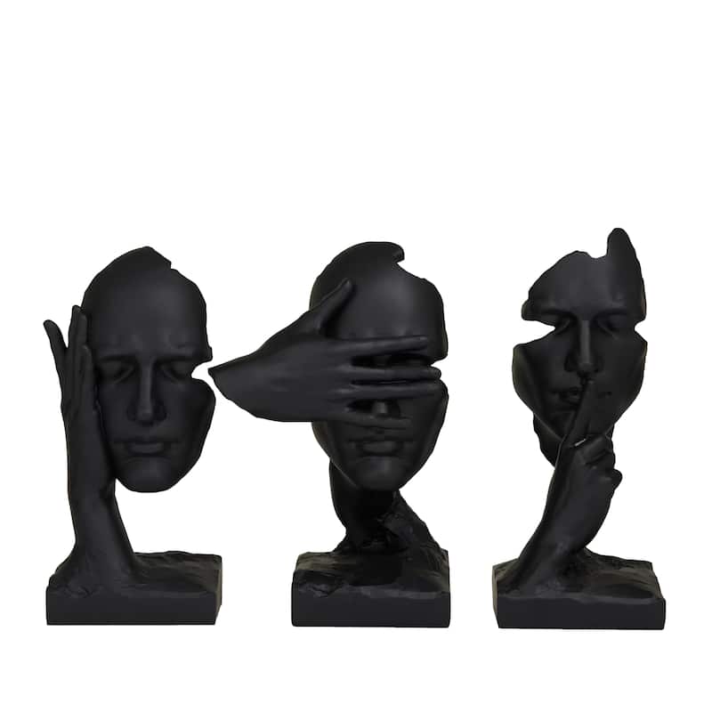 Polystone Face Sculpture - Set of 3 Black - Roche River Decor - 7"W x 7"L x 12"H