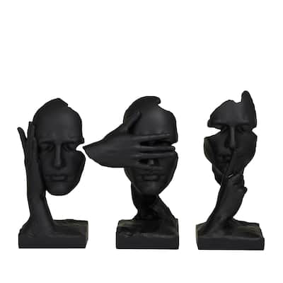 Polystone Face Sculpture - Set of 3 Black - Roche River Decor - 7"W x 7"L x 12"H