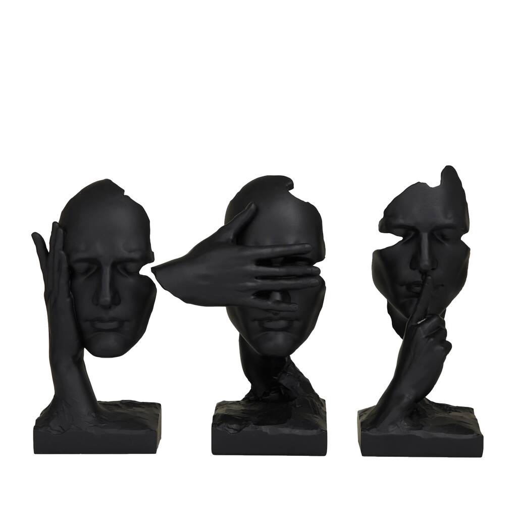 Polystone Face Sculpture - Set of 3 Black - Roche River Decor - 7"W x 7"L x 12"H