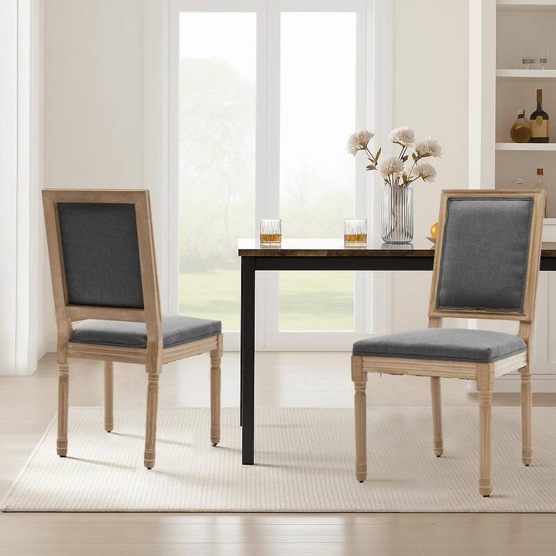 Elegant French Style Set of Two Linen Upholstered Dining Chairs with Solid Rubberwood Frame Legs - Gray