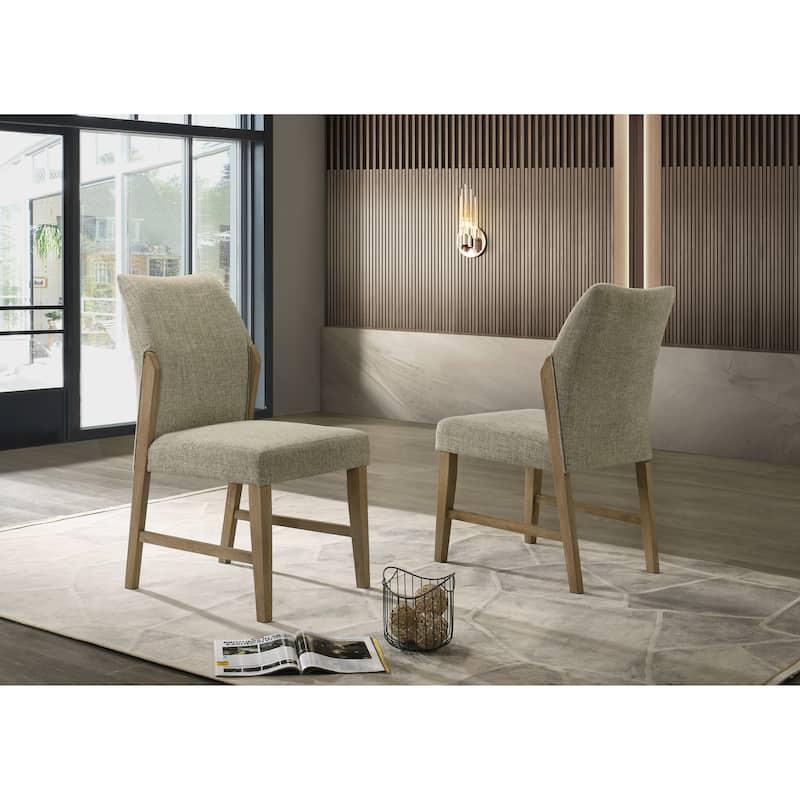 Set of 2 Beige Linen Dining Chair with Rustic Oak Finish Legs - Beige
