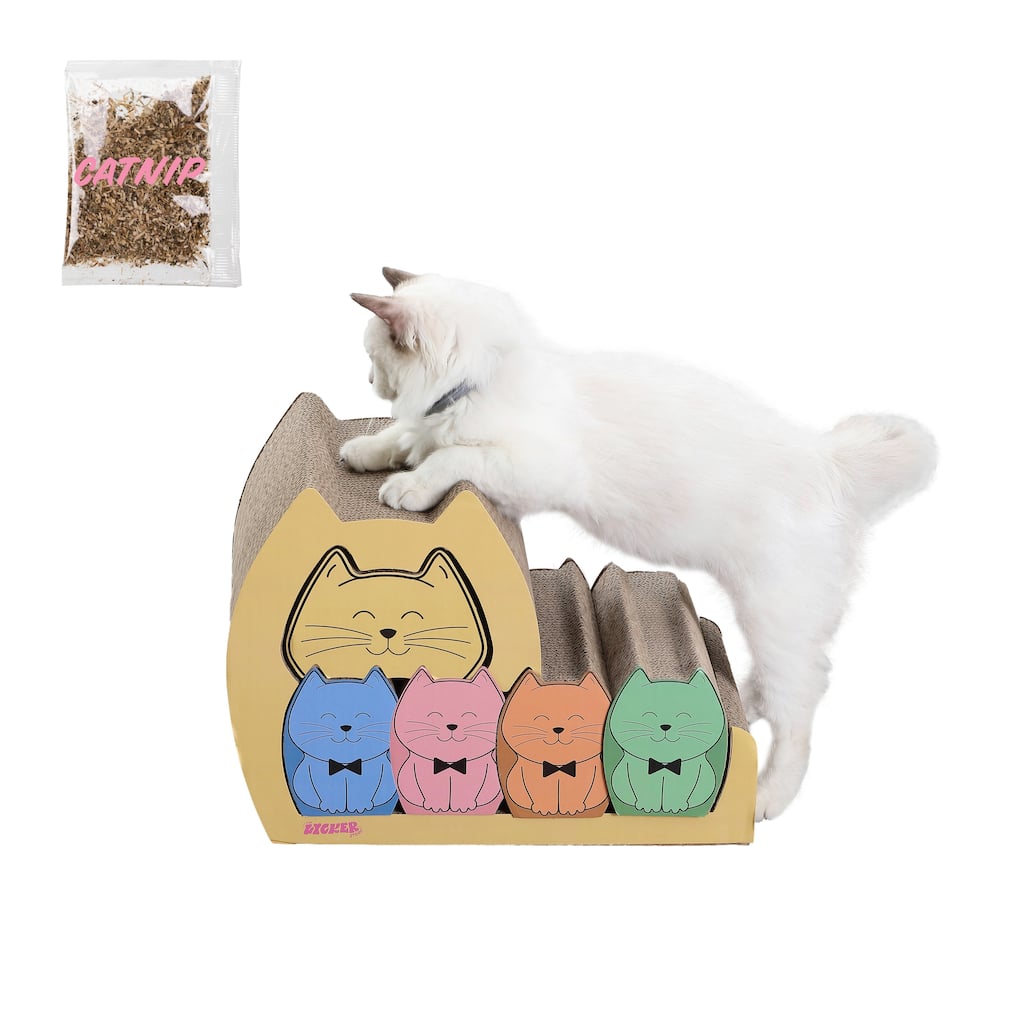 Kazoku 15.63" Modern Cardboard 5-in-1 Family Cat Cave Scratcher with Catnip and Pull-Out Design, Multi-Colored