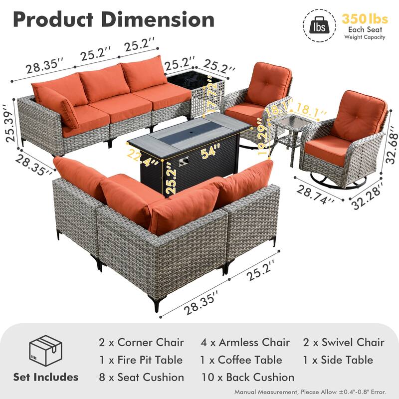 HOOOWOOO 11-piece Outdoor Patio Sofa Wicker Furniture Swivel Chair Set with 54" Fire Pit Table