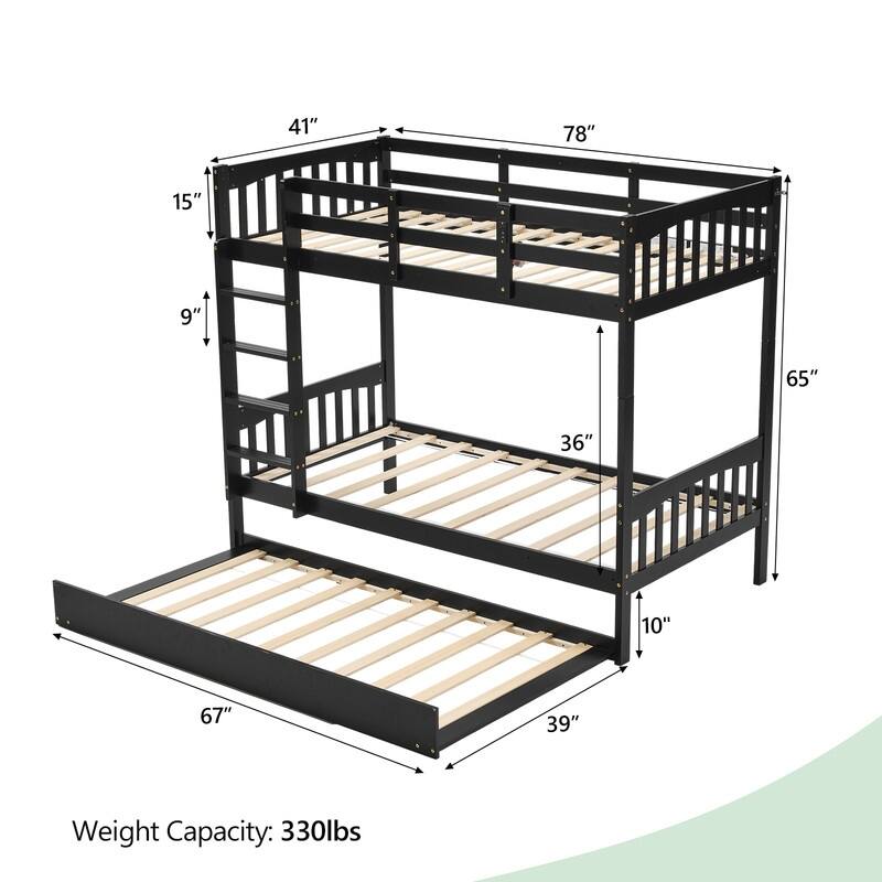 Twin over Twin Wood Bunk Bed with RGB LED Light,USB Port Charging Station and Guardrail ,Trundle Bed,Reversible Ladder