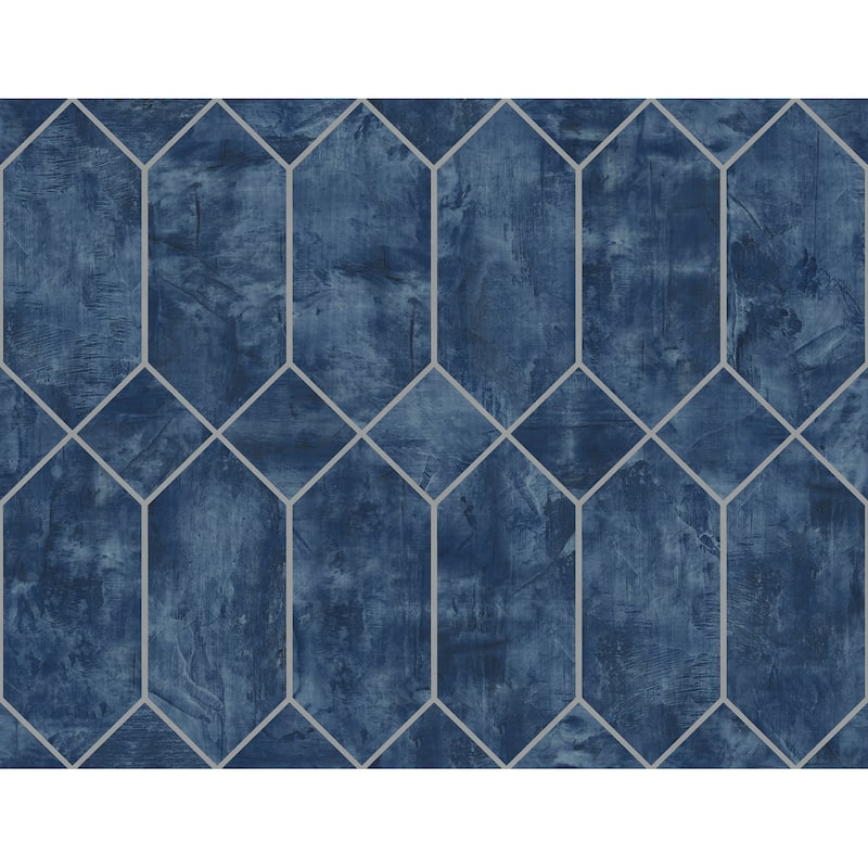 Seabrook Designs Geo Faux Unpasted Wallpaper - 27 in. W x 27 ft. L - Denim Blue and Metallic Silver