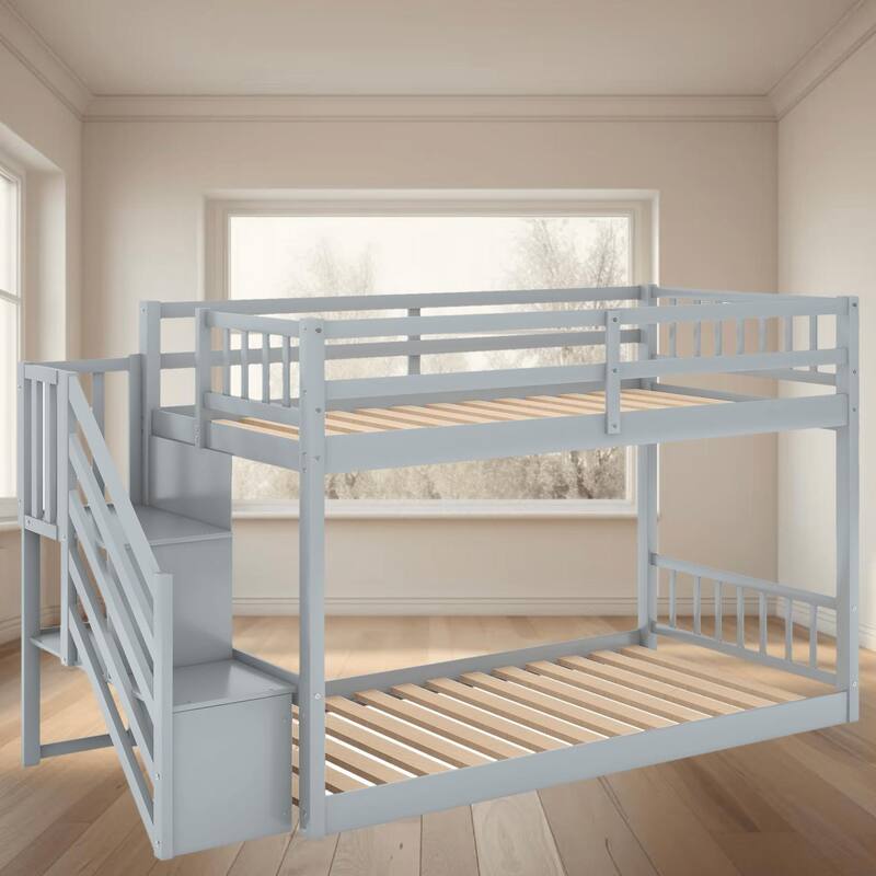 Twin Over Twin Size Wooden Bunk Platform Bed Frame with Storage Ladder and Double Guardrails for Safety, Bedroom Furniture - Grey - Twin