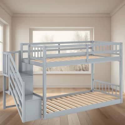Twin Over Twin Size Wooden Bunk Platform Bed Frame with Storage Ladder and Double Guardrails for Safety, Bedroom Furniture