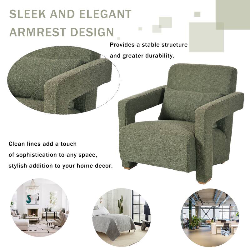 Boucle Fabric Accent Chair Set of 2 with Right-Angle Armrests, Ergonomic Lumbar Support, and Square Wooden Legs
