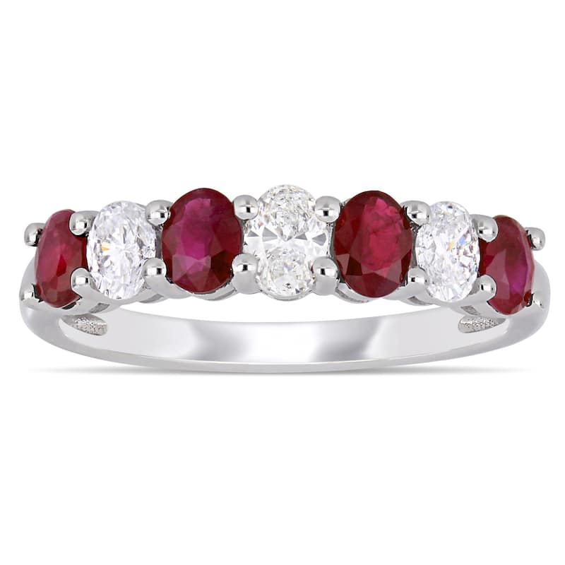 Miadora 14k White Gold Oval-Cut Ruby and 1/2ct TDW Diamond Semi-Eternity Anniversary Band