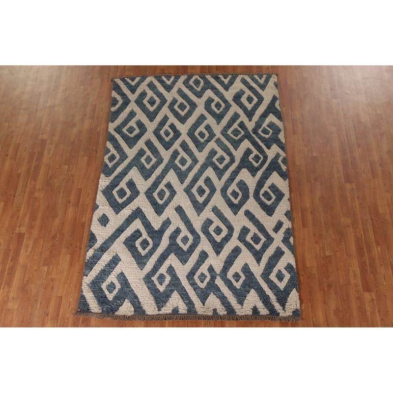 Navy Blue Moroccan Oriental Area Rug Hand-Knotted Wool Carpet - 5'8"x 8'3"