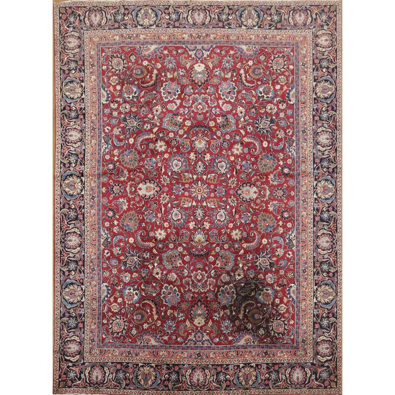 Hand Knotted Oriental 100% Wool Carpet Traditional All-Over Red Mashad Area Rug - 12' 2'' X 8' 11''