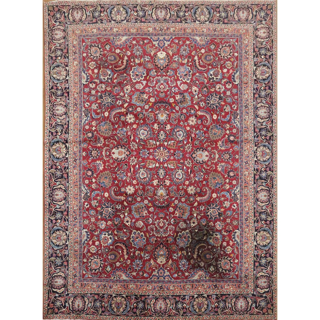 Hand Knotted Oriental 100% Wool Carpet Traditional All-Over Red Mashad Area Rug - 12' 2'' X 8' 11''