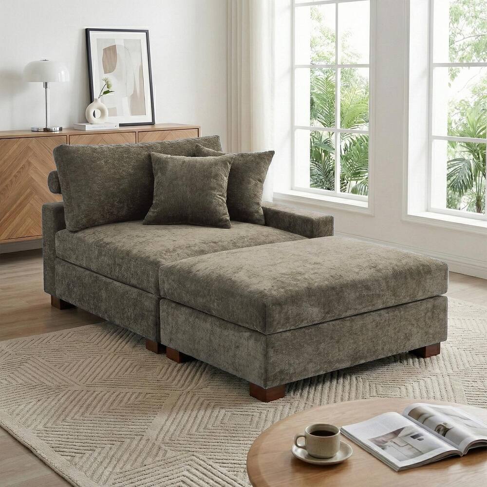 Modern Chenille Chaise Lounge Set with Ottoman
