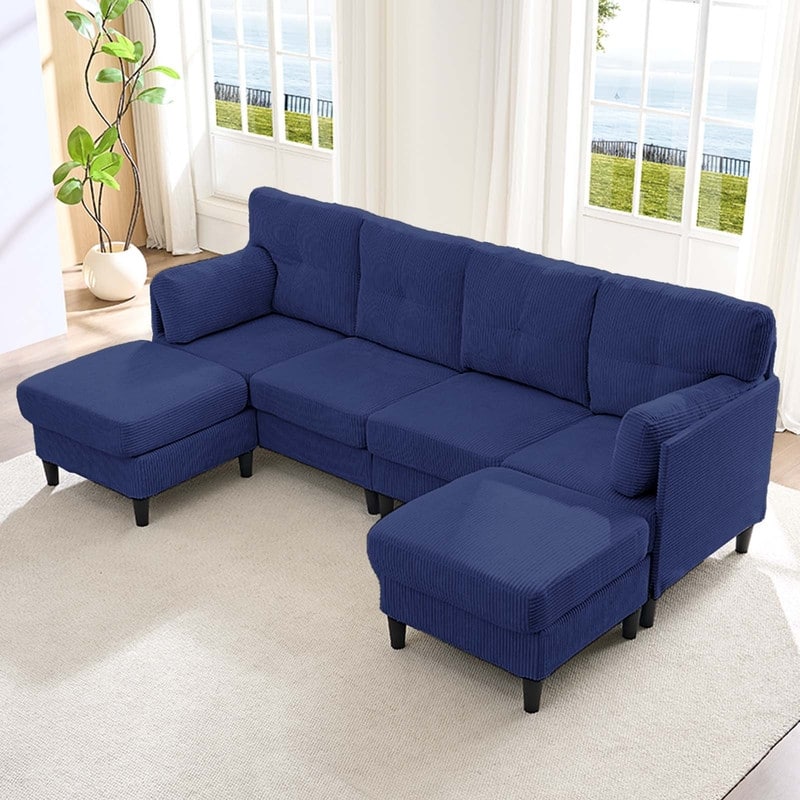 Mixoy Corduroy U-Shape Modular Convertible Sectional Sofa,Upholstered 4-Seater Sofa Couch with Movable Ottoman