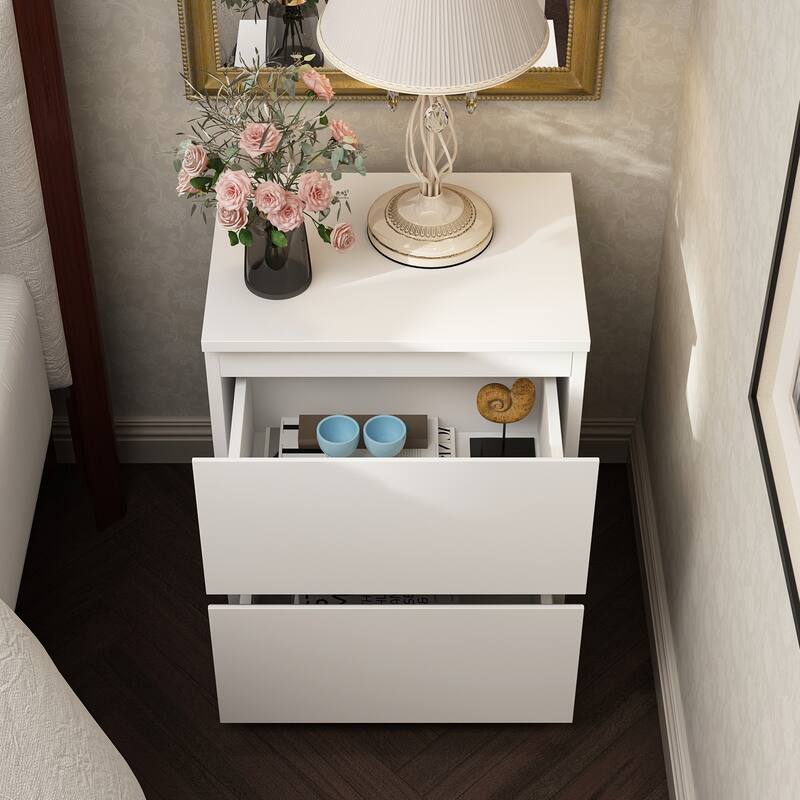 Minimalist White Bedside Table with Two Drawers, Nightstand for Bedroom or Living Room
