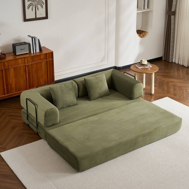 Convertible Sleeper Sofa Bed with Cylindrical Pillow, Corduroy Folding Mattress Couch with Fixed-Shape Frame