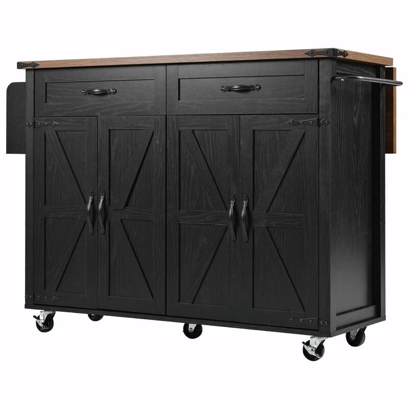 53.5'' Farmhouse Kitchen Island - Power Outlet, Drop Leaf, Spice Rack, Drawer, Rolling Cart on Wheels